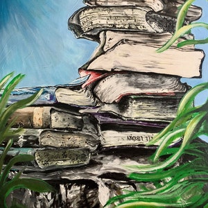 Book Pile Art Print | Vintage Books Painting | Book Lover Art | Library Art | Cafe Art | Vintage Decor | Light Academia | Old Books Painting