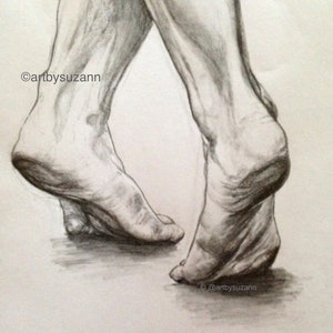 May include: A pencil drawing of two bare feet, one foot is on the ground and the other is raised slightly. The drawing is in black and white and has a realistic style.