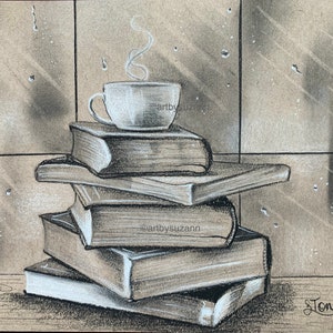 Art Print Books and Coffee | Reading Art Prints | Library Art Gift | Light Academia | Art Print for Cafe | Reader Gift | Home Decor
