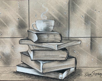 Art Print Books and Coffee | Reading Art Prints | Library Art Gift | Light Academia | Art Print for Cafe | Reader Gift | Home Decor