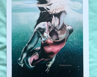 Art Print Girl Swimmer | Fine Art Painting Print Underwater Painting | Beach House Art | Beachy Decor