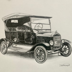 Art Print Old Car Ford Model T Fine Art Print Classic Car Drawing | Vintage Car Art Drawing Wall Art for Kids | Home Office Art