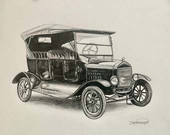 Ford Model T Art Print, Vintage Car Drawing, Classic Auto, Fine Art Print, Vintage Car Decor
