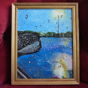 Original Painting Rain Droplets Fine Art Acrylic on Canvas Water Art Framed Cafe Art