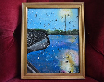 Original Painting Rain Droplets Fine Art Acrylic on Canvas Water Art Framed Cafe Art