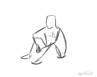Impressão artística em desenho a carvão, estilo minimalista, homem sentado, download instantâneo.