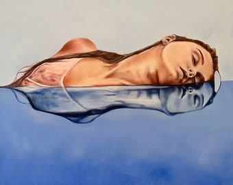 Pintura original reflejo de agua, pintura de figuras originales, pintura de retratos femeninos