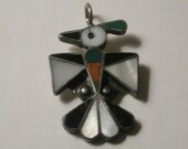 Vintage Native American Zuni Inlaid Onyx Turquoise MOP Coral Sterling Thunderbird Pendant