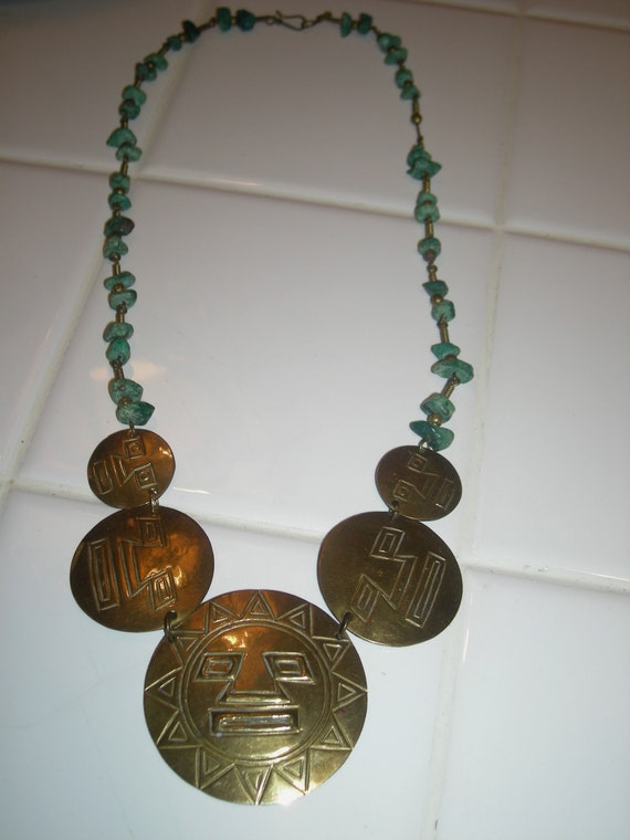 Vintage Mayan Aztec Sun God Brass and Turquoise 22