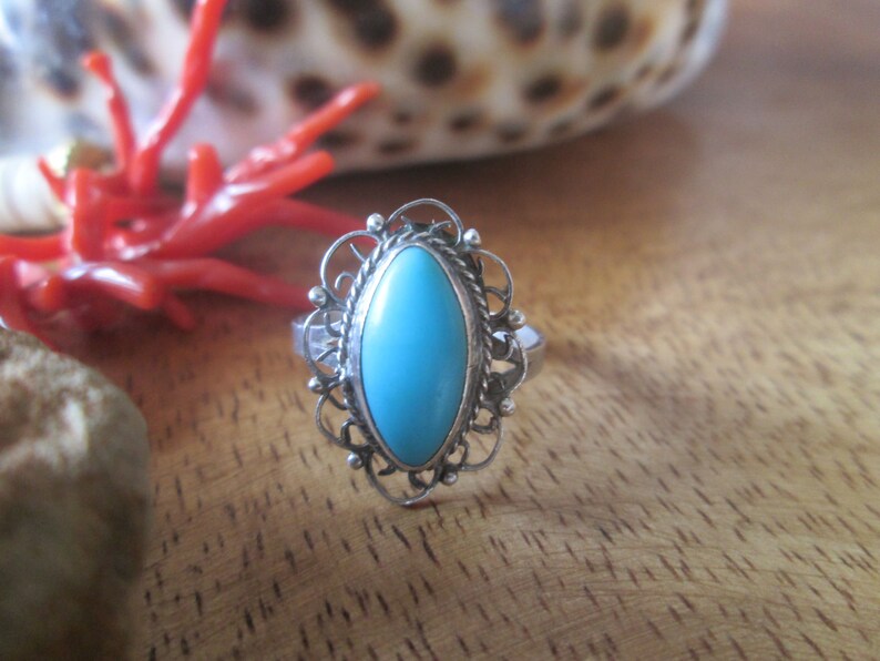 Old Filigree Sterling Silver Turquoise Ring Vintage 1970s Bell Weight Signed Taxco Mexico Size 7
