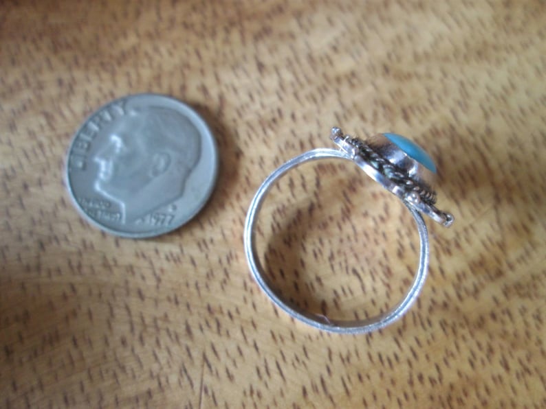 Old Filigree Sterling Silver Turquoise Ring Vintage 1970s Bell Weight Signed Taxco Mexico Size 7