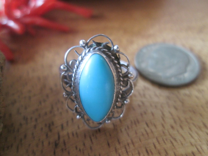 Old Filigree Sterling Silver Turquoise Ring Vintage 1970s Bell Weight Signed Taxco Mexico Size 7