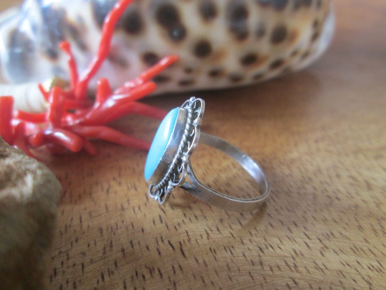 Old Filigree Sterling Silver Turquoise Ring Vintage 1970s Bell Weight Signed Taxco Mexico Size 7