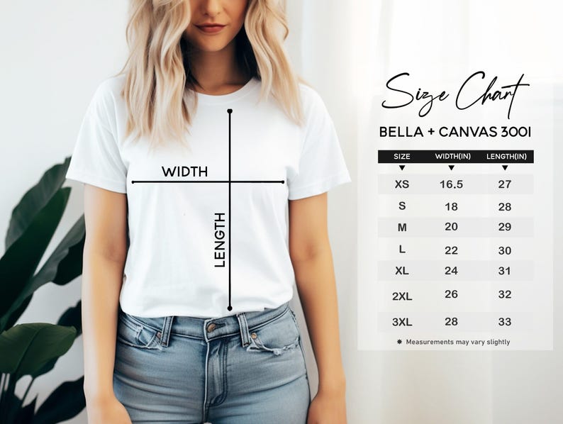 Puede incluir: Una camiseta blanca con una tabla de tallas, con medidas en pulgadas para las tallas XS a 3XL. La tabla est&aacute; etiquetada como "BELLA + CANVAS 3001" e incluye dimensiones de ancho y largo. El texto "Size Chart" est&aacute; en la parte superior.