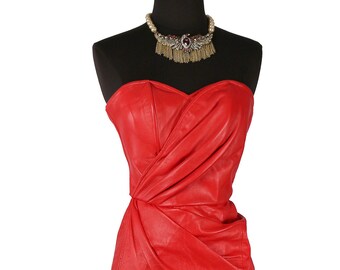 red leather zip up dress