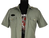 Vintage Japanese Uniform Shirt Sage Green Gold Military Buttons Utility Field Shirt Epaulets Unisex Short Sleeve Work Wear