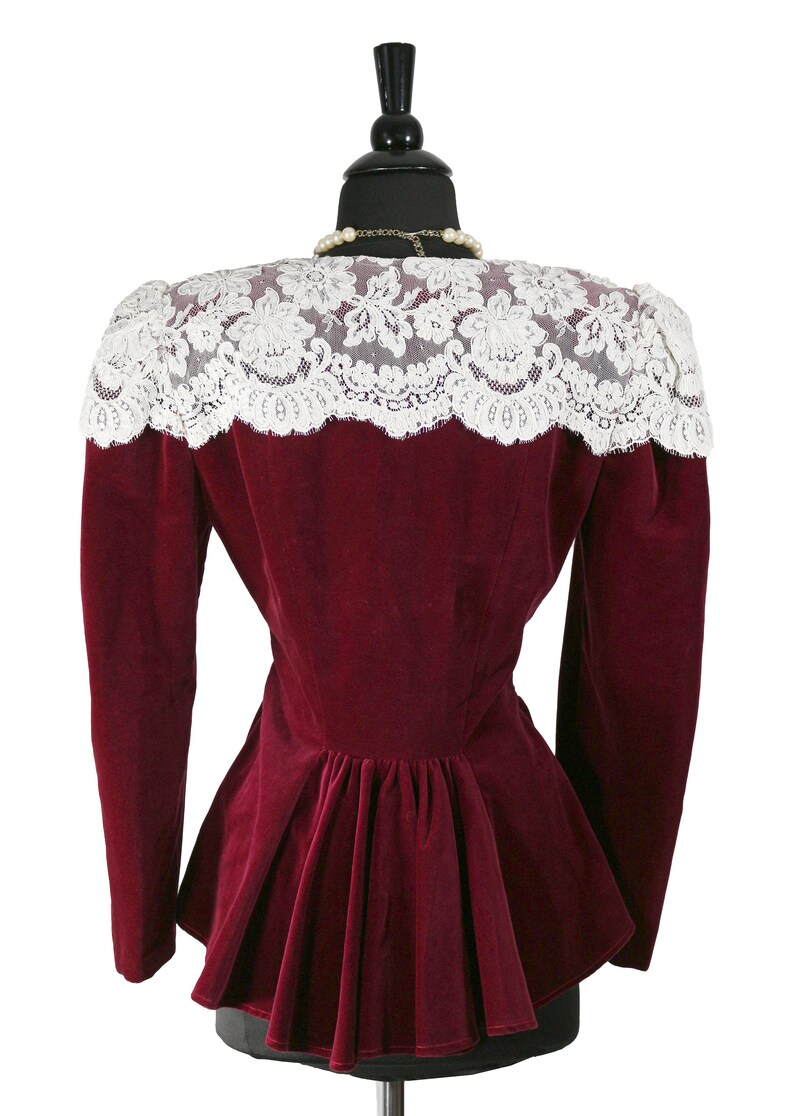 Vintage Burgundy Velvet Bustle Jacket White Lace Overlay Etsy