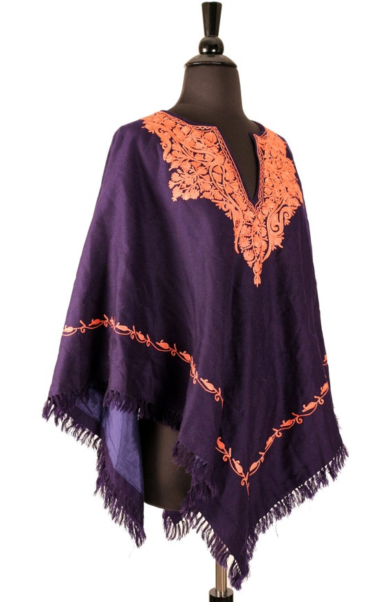 Vintage Poncho,  Navy Blue Pashmina Wool, Orange … - image 2