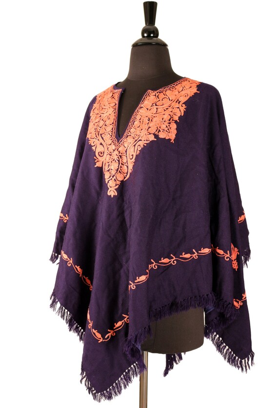 Vintage Poncho,  Navy Blue Pashmina Wool, Orange … - image 3