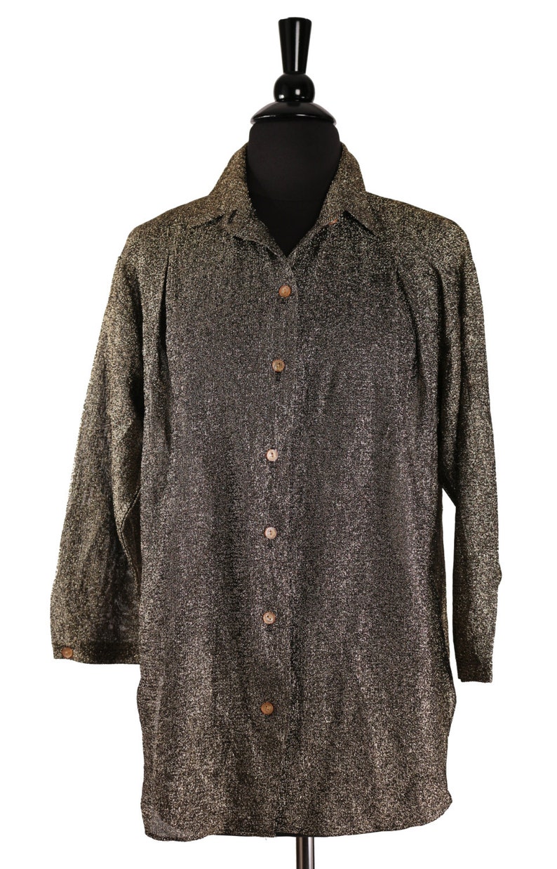 SALE Vintage 1980/'s HOT STUFF Gold /& Black Metallic Lurex Tunic Over sized Button Down Semi Sheer Perfect House Party Fashion