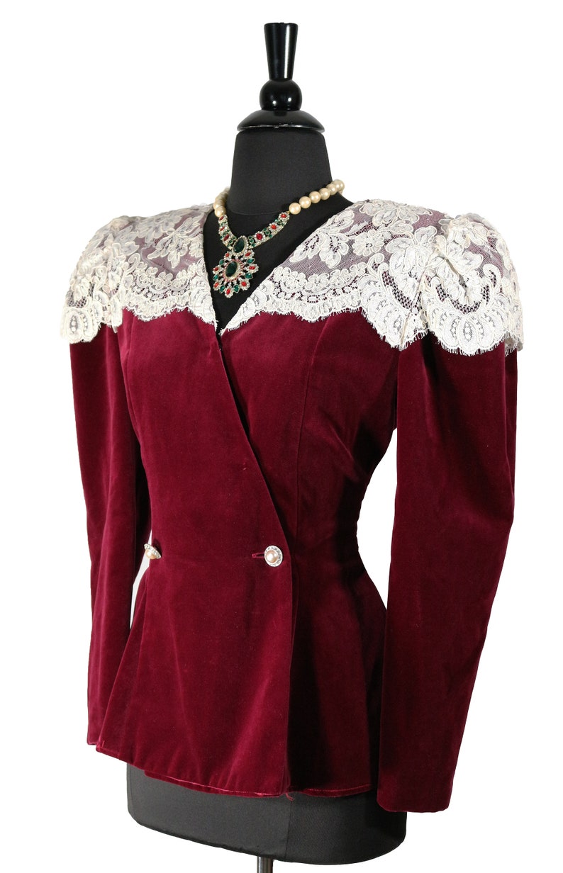 Vintage Burgundy Velvet Bustle Jacket White Lace Overlay Etsy
