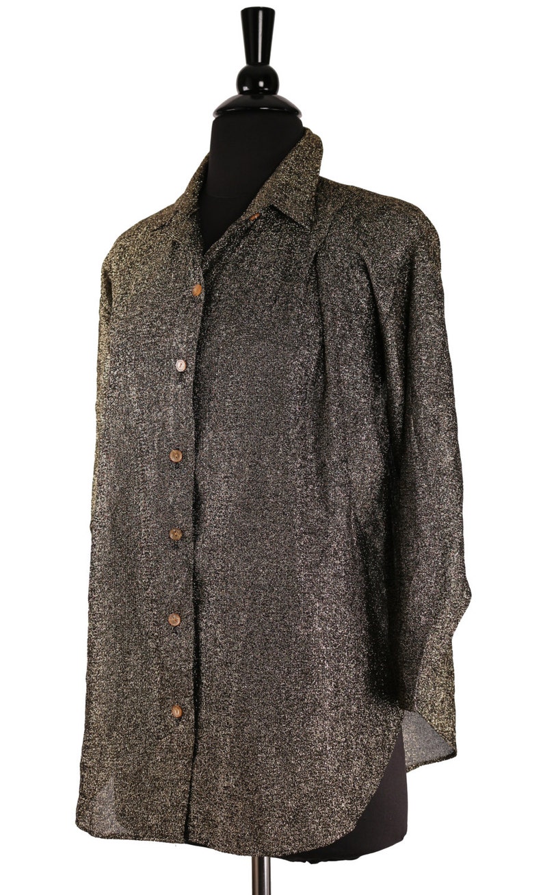 SALE Vintage 1980/'s HOT STUFF Gold /& Black Metallic Lurex Tunic Over sized Button Down Semi Sheer Perfect House Party Fashion