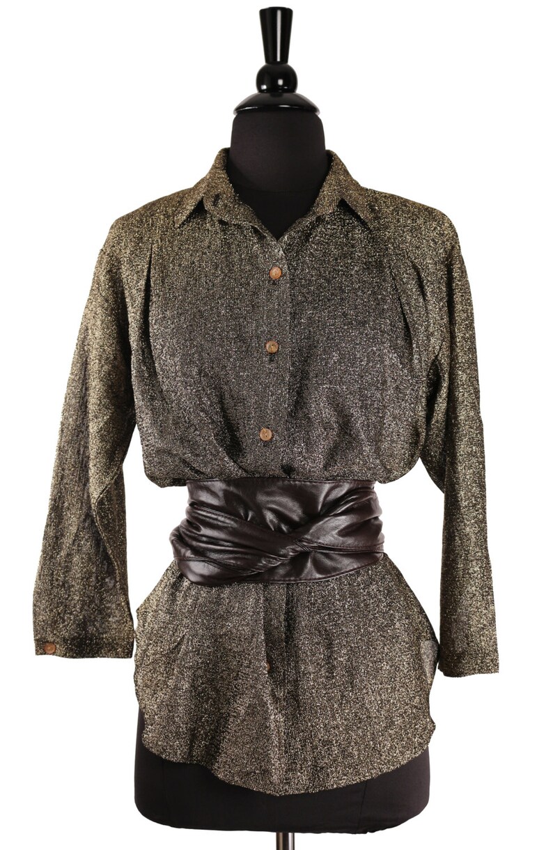 SALE Vintage 1980/'s HOT STUFF Gold /& Black Metallic Lurex Tunic Over sized Button Down Semi Sheer Perfect House Party Fashion