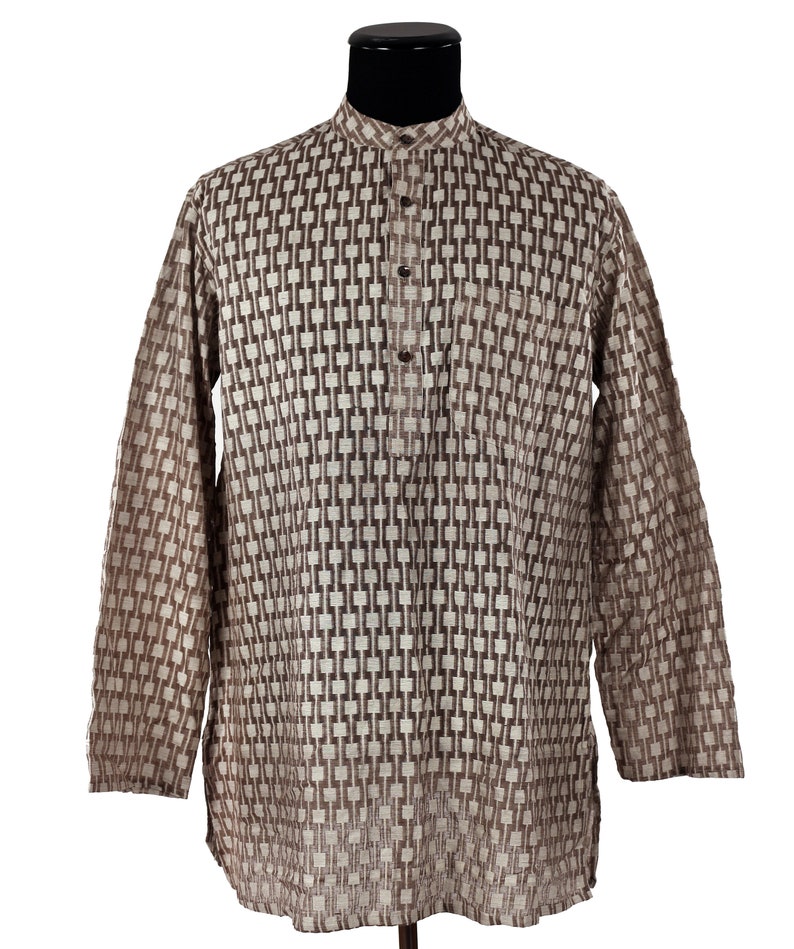 Vintage 1980/'s Silk Kurti Tunic by FABINDIA Eastern Influenced Brown Windowpane Texture Causally Hip Men/'s Perfect Summer Shirt