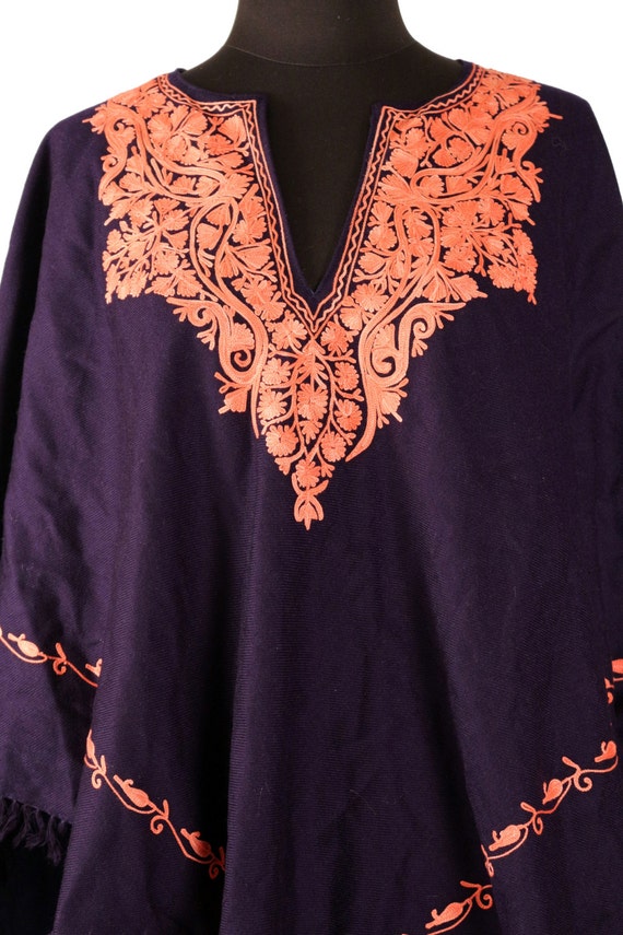 Vintage Poncho,  Navy Blue Pashmina Wool, Orange … - image 5