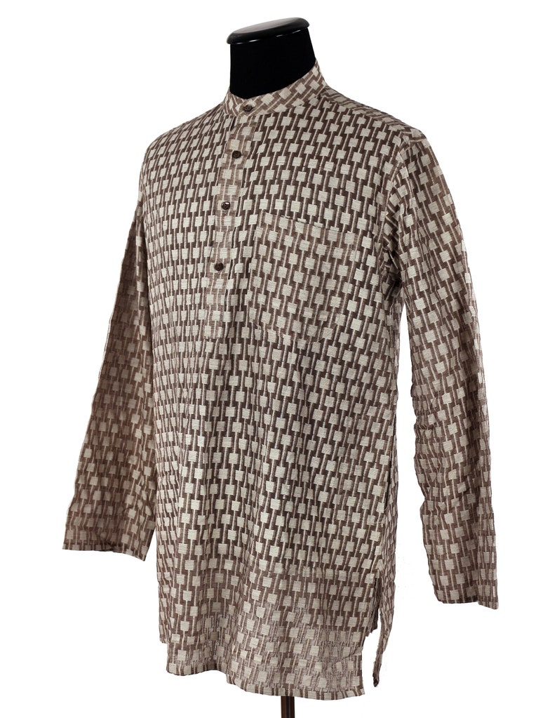 Vintage 1980/'s Silk Kurti Tunic by FABINDIA Eastern Influenced Brown Windowpane Texture Causally Hip Men/'s Perfect Summer Shirt
