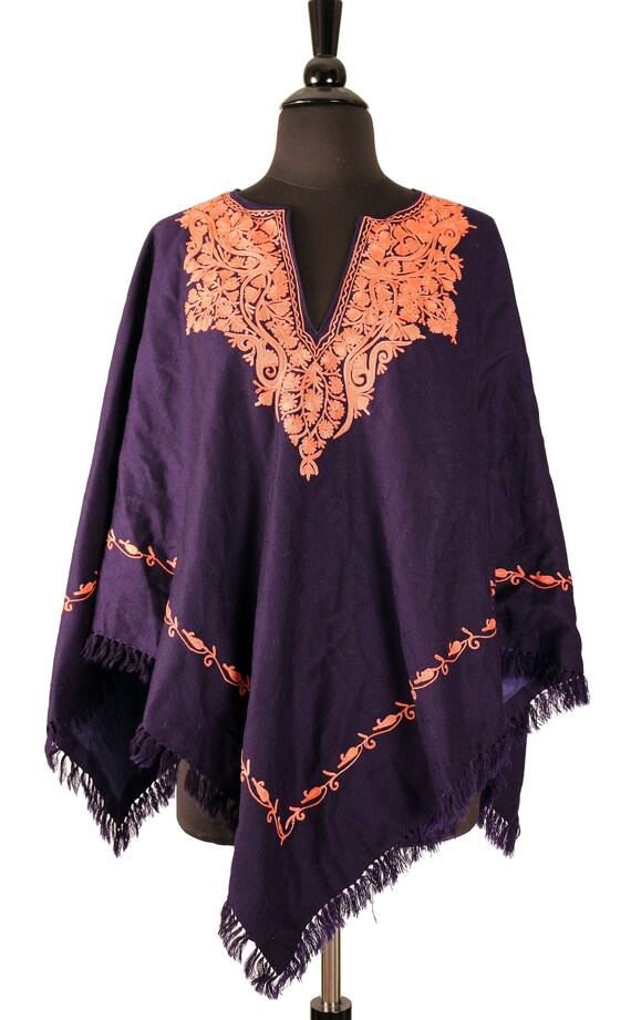 Vintage Poncho,  Navy Blue Pashmina Wool, Orange … - image 1