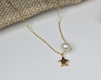 Moon and star necklace, freshwater pearl and  Sterling silver/gold filled chain