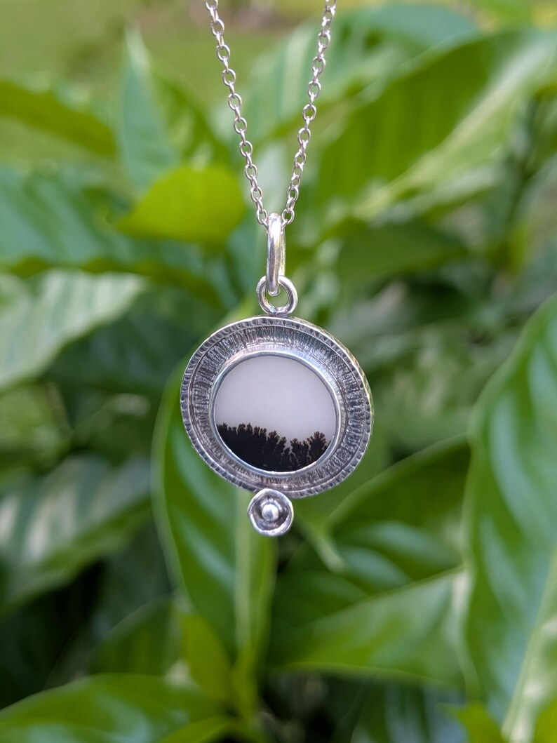 May include: A silver pendant necklace featuring a round, textured pendant with a black and white landscape design. The pendant hangs from a delicate silver chain. The background is blurred green foliage.