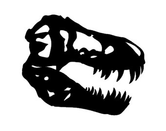 Può includere: Silhouette nera e bianca di un cranio di Tyrannosaurus Rex.