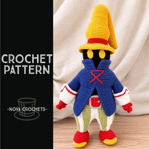May include: A crochet doll featuring a tall yellow hat, a black face with yellow eyes, a blue coat with red accents, white and green striped pants, and red shoes. The text CROCHET PATTERN and -NOVA CROCHETS- with a hat icon appear on the left side.
