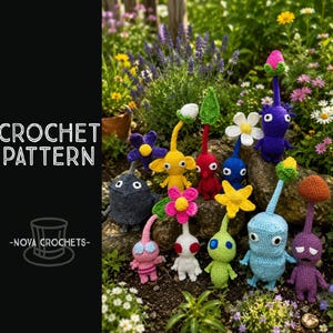 May include: A collection of colorful, crocheted Pikmin-inspired figures in various shapes and sizes, including red, blue, yellow, purple, white, and pink characters. The text CROCHET PATTERN and -NOVA CROCHETS- is displayed on a black sidebar.