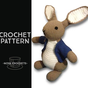 May include: Crochet pattern for a brown and white bunny wearing a blue jacket. The pattern is titled "Crochet Pattern" and includes the text "Nova Crochets".