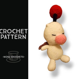 May include: Crochet pattern for a white amigurumi character with a red and black hat and a pink nose. The pattern is called "Nova Crochets".