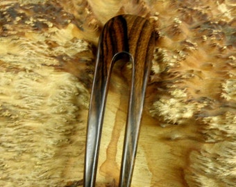 Striped Ebony 5 Inch Two Prong Curved Hair Fork FPL 4 Inch Pick Pin Pic Comb Stick Black Dark Brown Grain 1 1/8" wide Bun Holder