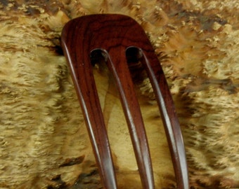 Laos Rosewood 5 Inch Three Prong Curved Hair Fork Deep Red with Blackish Grain 1 7/8 " wide 4" FPL 1/4" Thick Comb Pin Stick Bun Holder