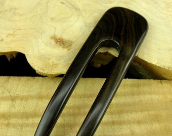 Striped Ebony 4 3/4 Inch Two Prong Wooden Curved Hair Fork Pick Pin Pic Comb Stick Black with Dark Brown Grain 1 1/4" wide FPL 3 1/2"