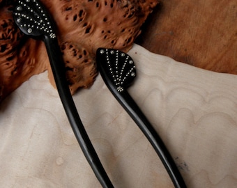 2 Ebony 6 Inch Handmade Decorative Curved Hair Sticks Pics Pins with Nickle Silver Pins in "Shooting Star" Pattern