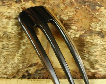 SE Asian Ebony 5 Inch Three Prong Curved Hair Fork FPL 4 Inch Pick Pin Comb Stick Black Dark Brown Grain 1 7/8" wide 1/4" Thick Bun Holder