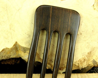 SE Asian Striped Ebony 6 Inch Four Prong Straight Hair Fork Black Pick Pin Pic Comb  Dark Brown Grain  2 5/8" inch Wide  FPL 4 5/8"  Strong