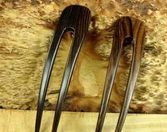 TWO Striped Ebony 5 Inch Two Prong Curved Hair Fork FPL 4 Inch Pick Pin Pic Comb Stick Black Dark Brown Grain 1 1/8" wide Bun Holder