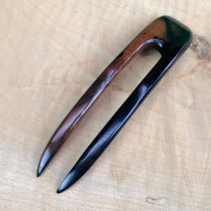 Ebony 4.5 Inch Two Prong Wooden Curved Hair Fork FPL 3.5 Pick Pin Comb Pic Stick Black with Dark Brown Grain 1 inch Wide image 4