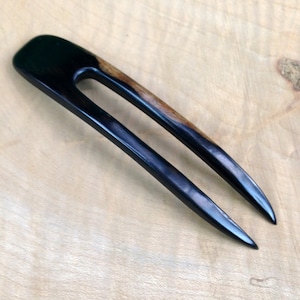 Ebony 4.5 Inch Two Prong Wooden Curved Hair Fork FPL 3.5 Pick Pin Comb Pic Stick Black with Dark Brown Grain 1 inch Wide image 1