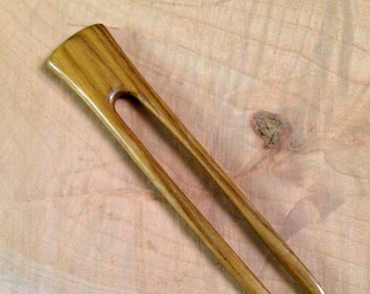Teak 6 Inch Handmade Straight 2-Prong Hair Fork FPL 4 1/2 " Comb Pic Pin Pick Stick  Tan to Dark Brown Strength to Hold A Lot of Hair