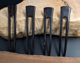 Ebony 6 Inch Wooden Two Prong Straight Hair Fork Pick Pin Comb Pic Stick FPL  4.5"  Black with Dark Brown Grain  1 inch Wide Strong