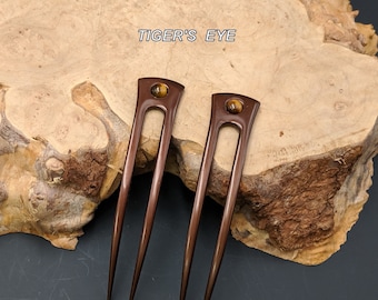 Brown Anodized Aluminum 6 Inch Curved  Two Prong Hair Fork Pick Pin Comb Pic Stick Waterproof Unbreakable FPL 5 Inches Tiger's Eye Mounted